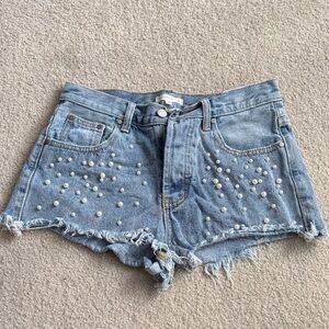 Le Lis Blue Jean Shorts with Pearl Details